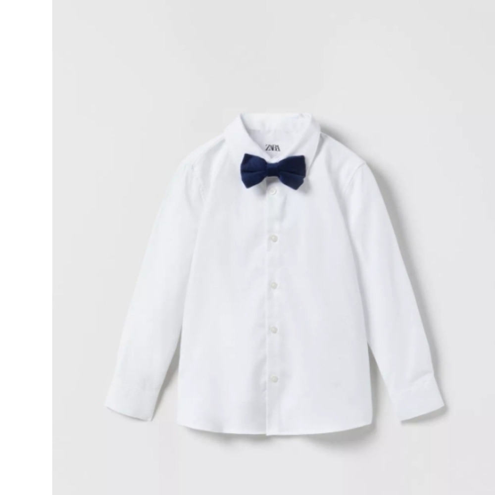 NWT Zara  White Button Down Dress Shirt with Black Bow US 11-12